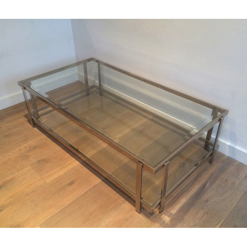 Vintage chrome-plated metal and glass coffee table, 1970