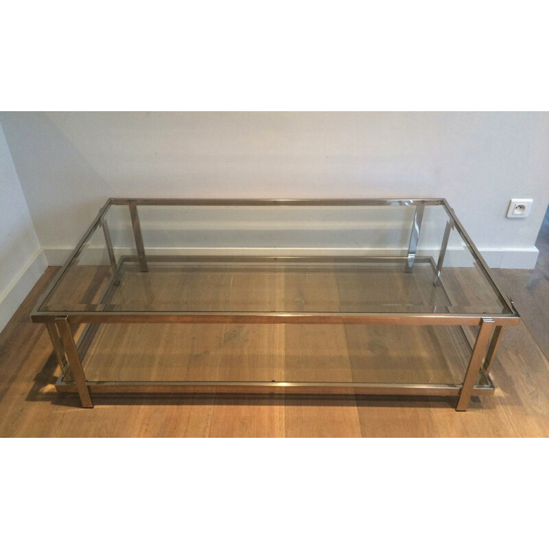 Vintage chrome-plated metal and glass coffee table, 1970