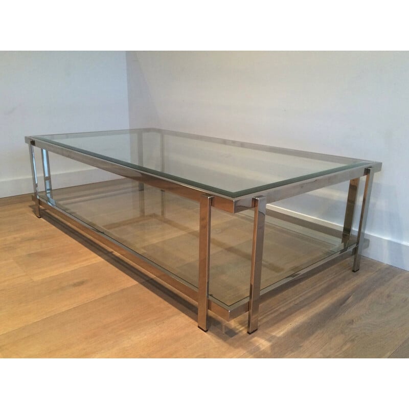 Table basse vintage en métal chromé et verre, 1970