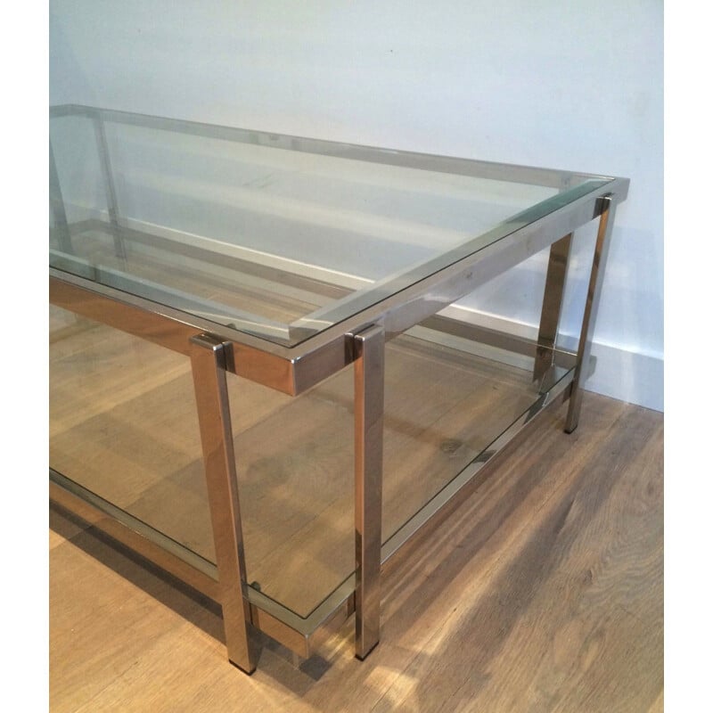 Table basse vintage en métal chromé et verre, 1970