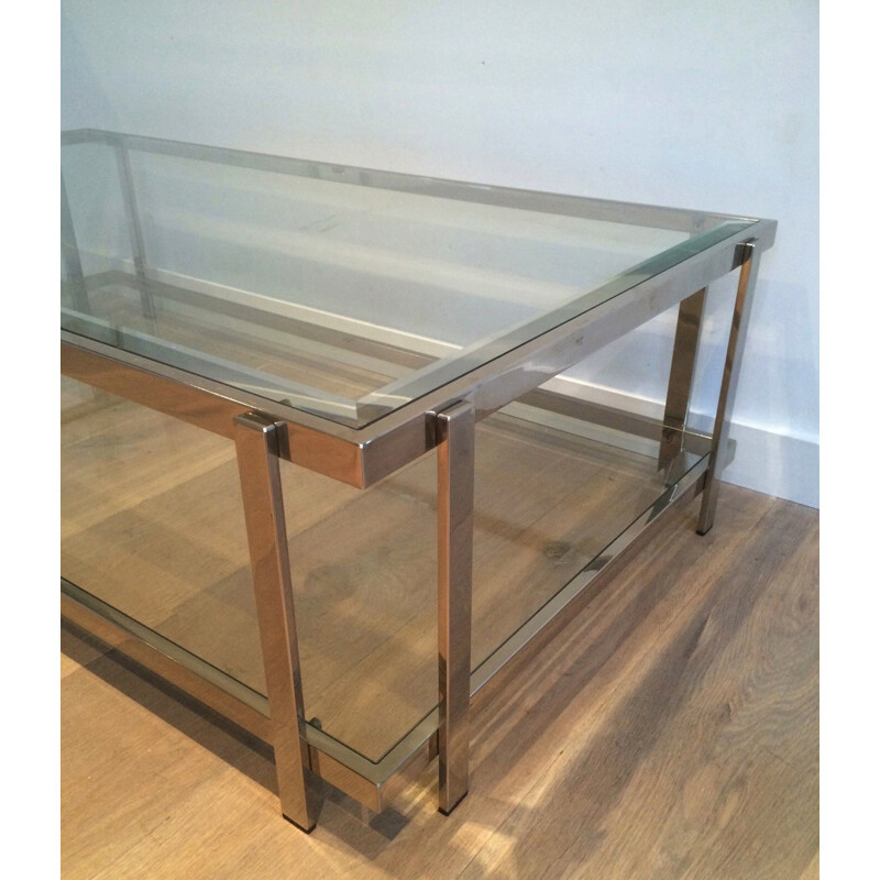 Vintage chrome-plated metal and glass coffee table, 1970