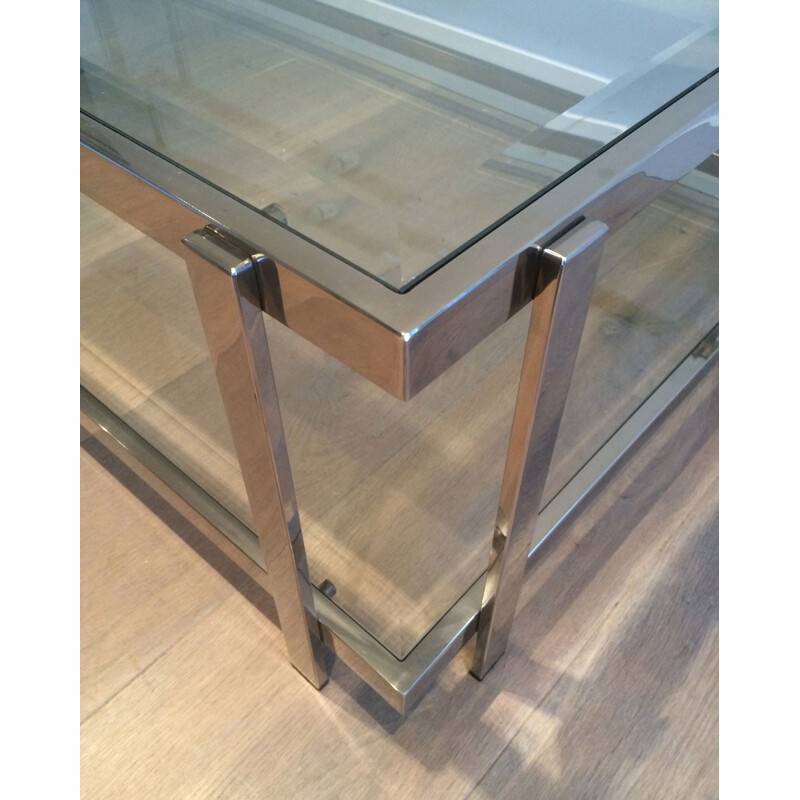 Vintage chrome-plated metal and glass coffee table, 1970