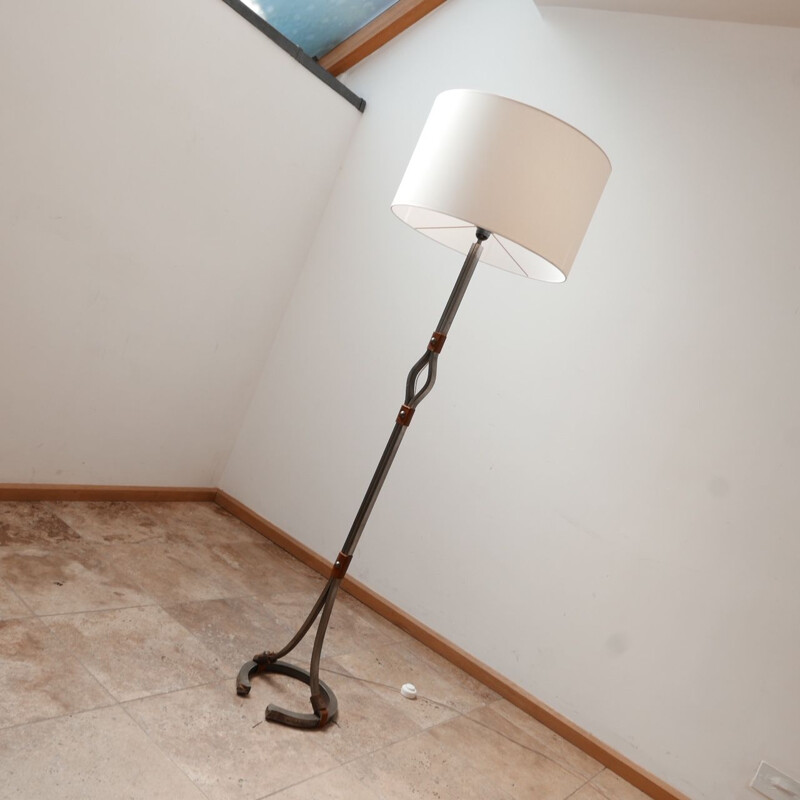 Mid century leather and iron floor lamp by Jean-Pierre Ryckaert, France 1950