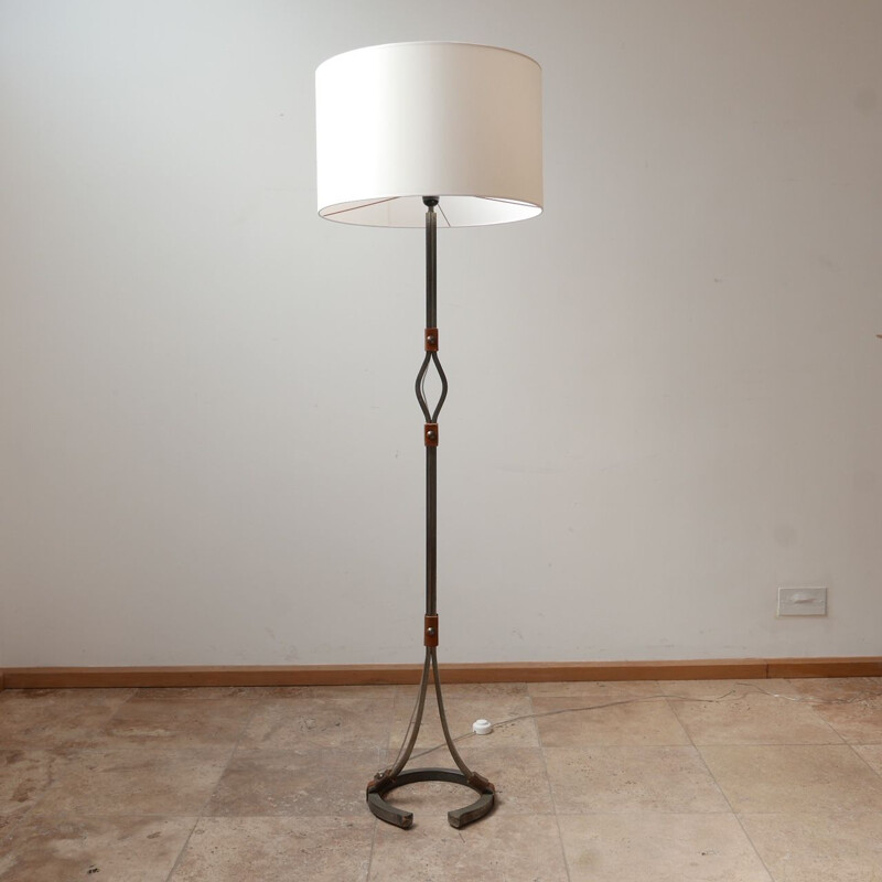 Mid century leather and iron floor lamp by Jean-Pierre Ryckaert, France 1950