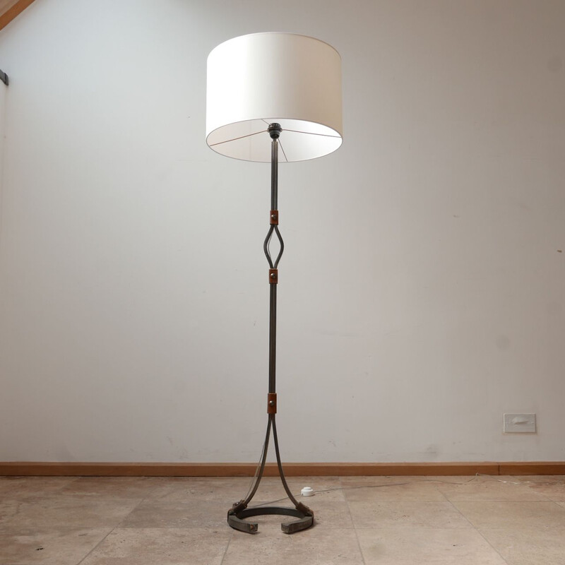 Mid century leather and iron floor lamp by Jean-Pierre Ryckaert, France 1950