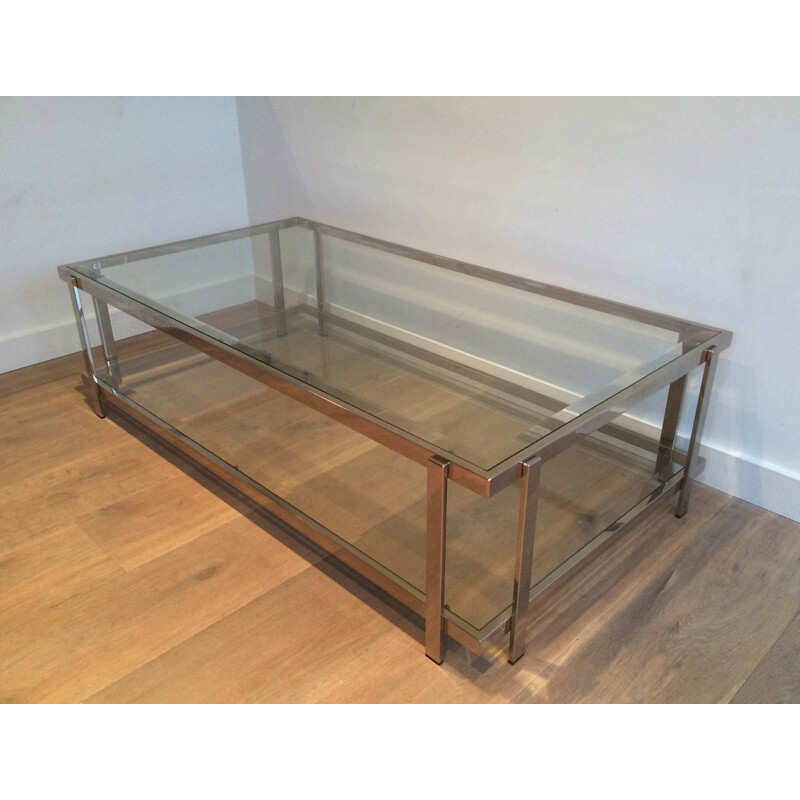 Vintage chrome-plated metal and glass coffee table, 1970