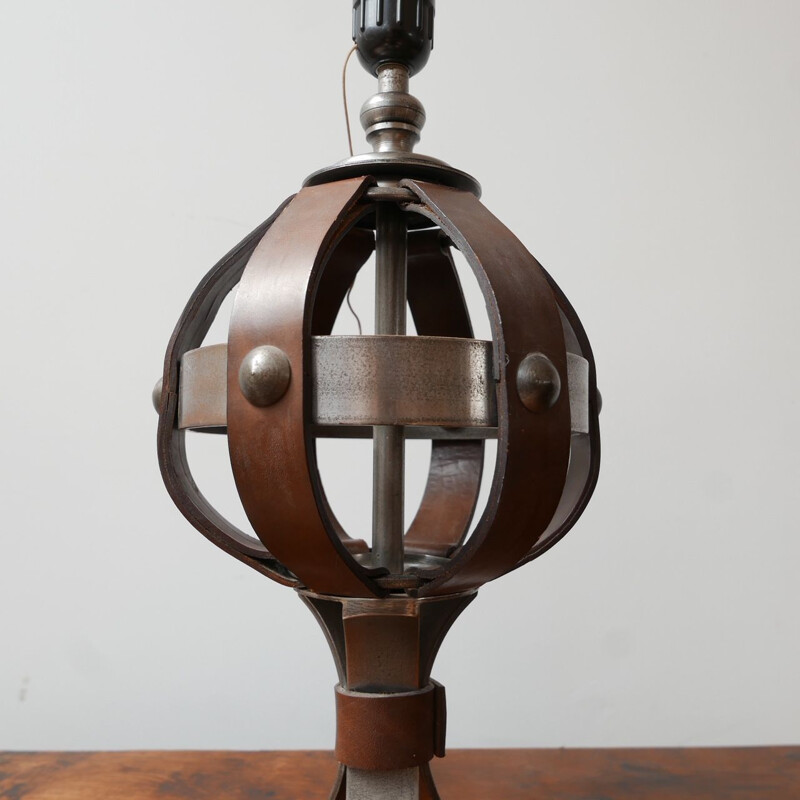 Mid century leather and iron table lamp by Jean-Pierre Ryckaert, France 1950s