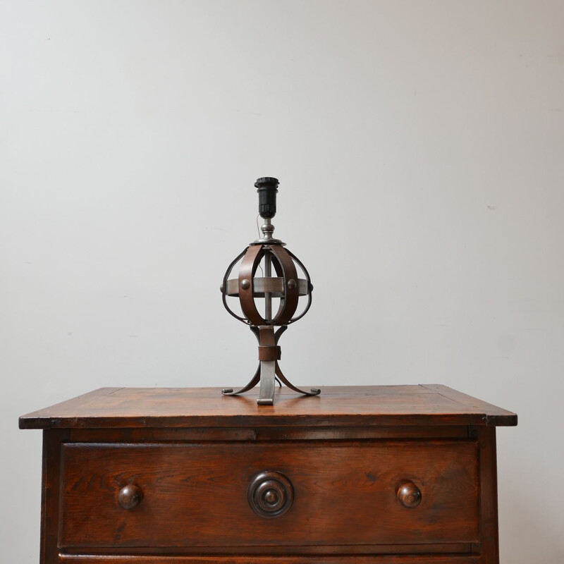 Mid century leather and iron table lamp by Jean-Pierre Ryckaert, France 1950s