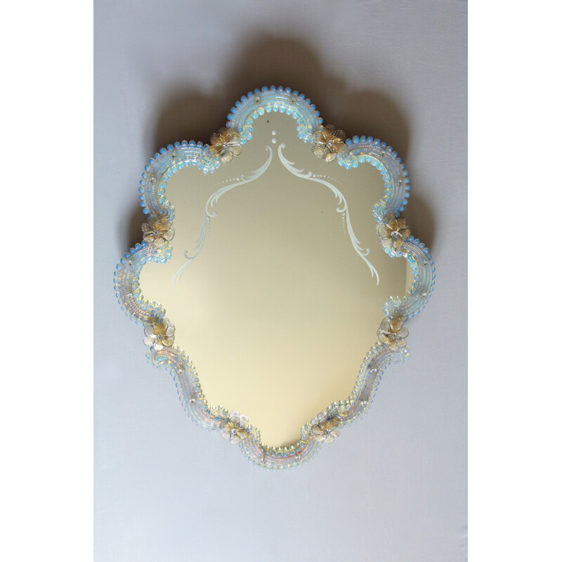 Large vintage Murano opalescent mirror Campanula, Italy 1940s