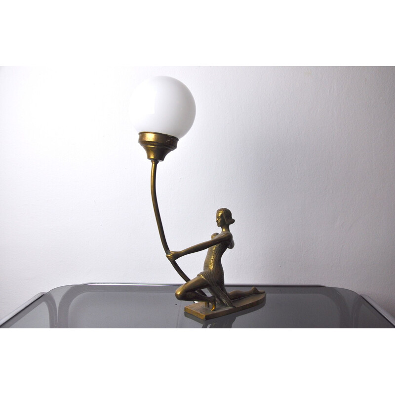 Vintage art deco brass and opaline lamp, France 1950