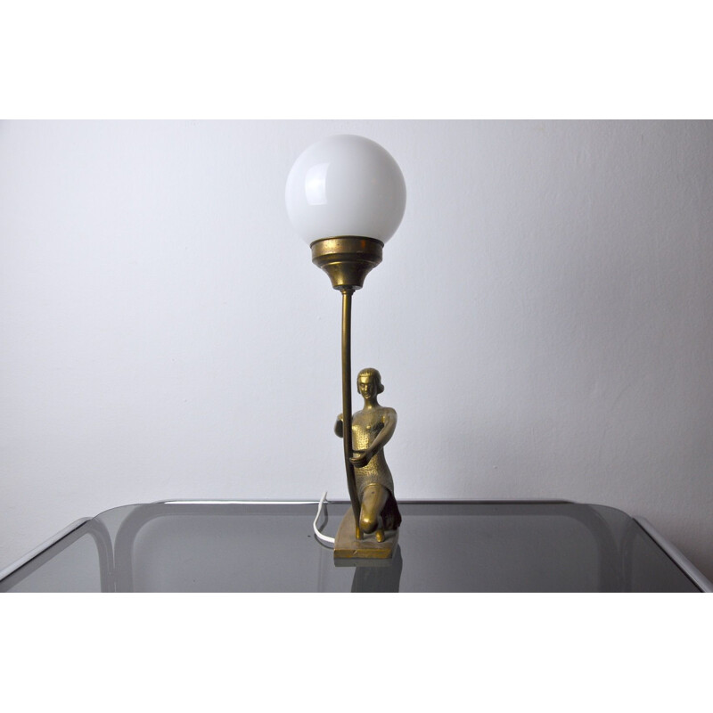 Vintage art deco brass and opaline lamp, France 1950