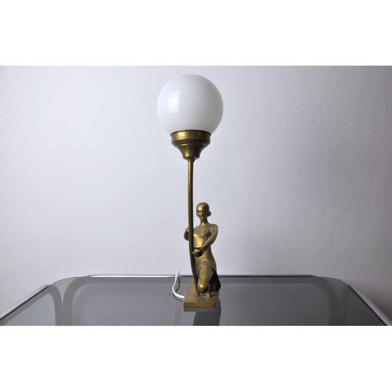 Vintage art deco lamp van messing en opaline, Frankrijk 1950