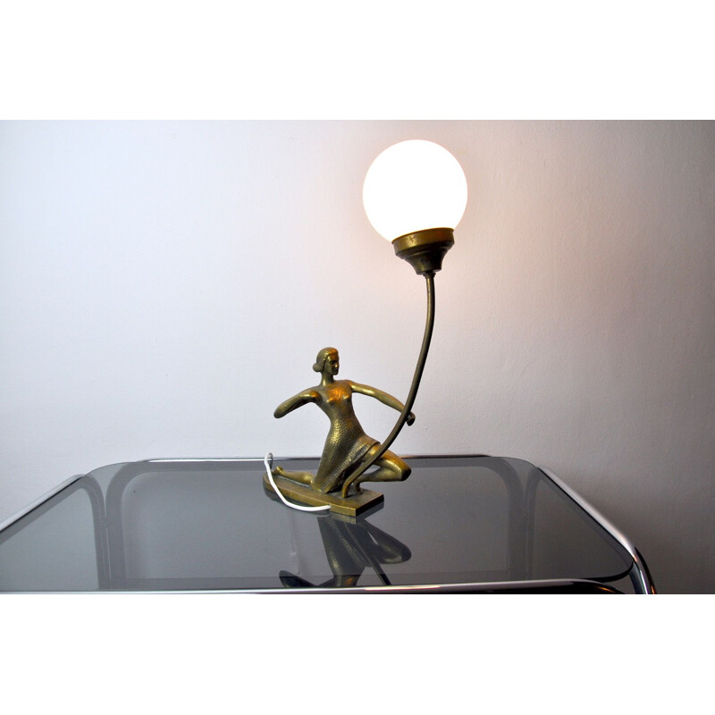 Vintage art deco lamp van messing en opaline, Frankrijk 1950