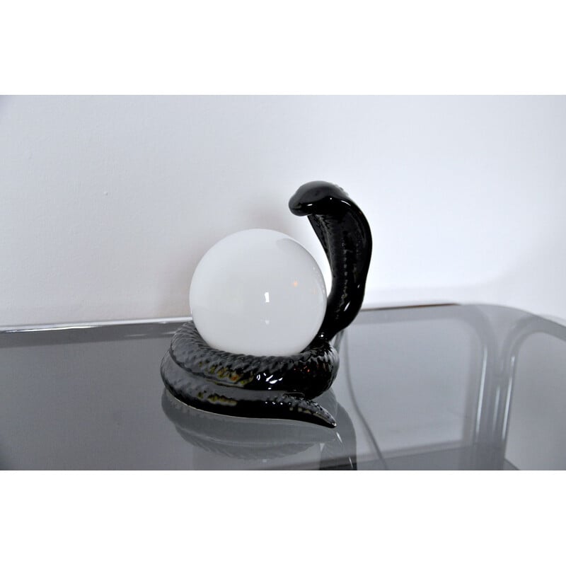 Mid century black ceramic snake lamp, France 1980s