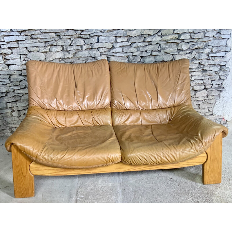 Salon en bois et cuir vintage du Maison Regain, France 1960