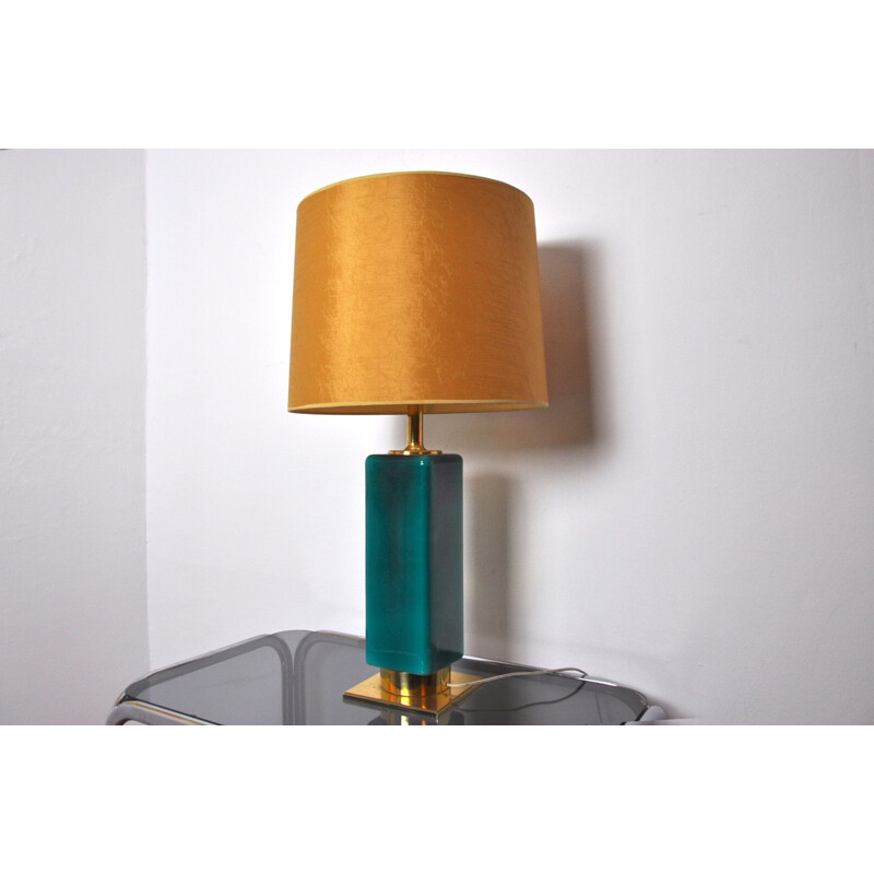 Lampada vintage in vetro verde e ottone, Spagna 1950