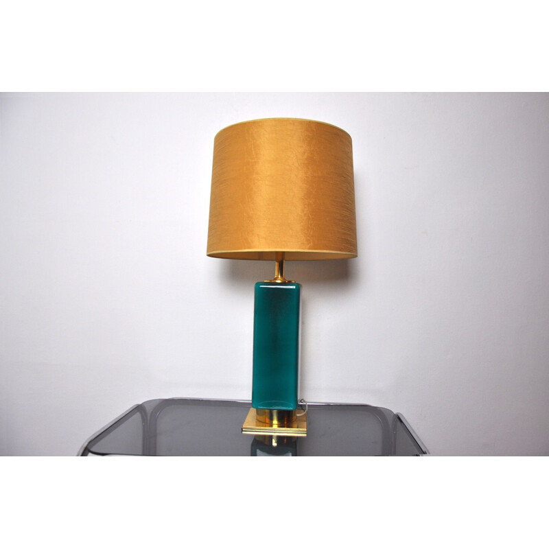 Groen glas en messing vintage lamp, Spanje 1950