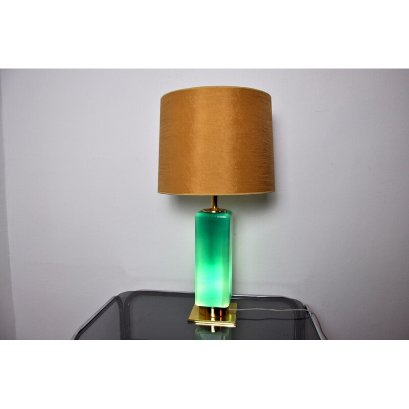 Groen glas en messing vintage lamp, Spanje 1950