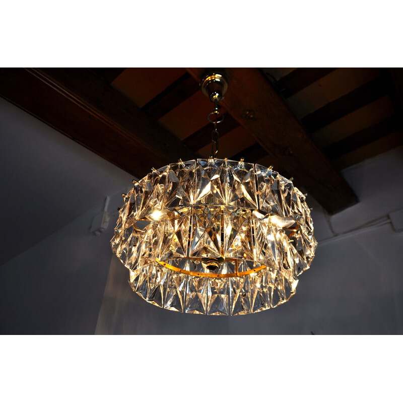 Vintage kinkeldey chandelier in gold metal and crystals, Germany 1970