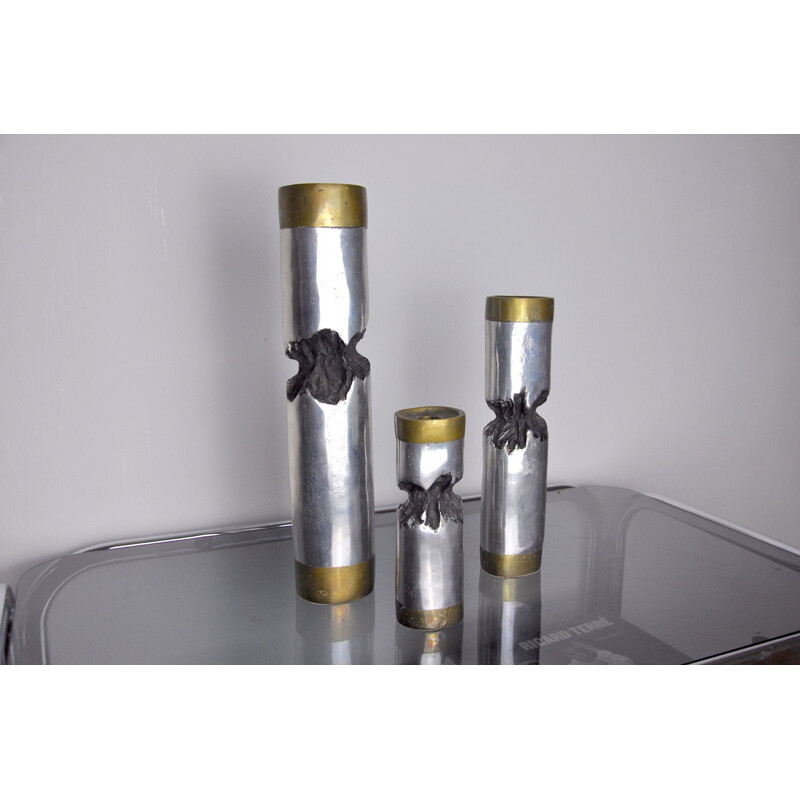 Set of 3 vintage brass and silver plated candle holders by David Marshall, Spain 1970