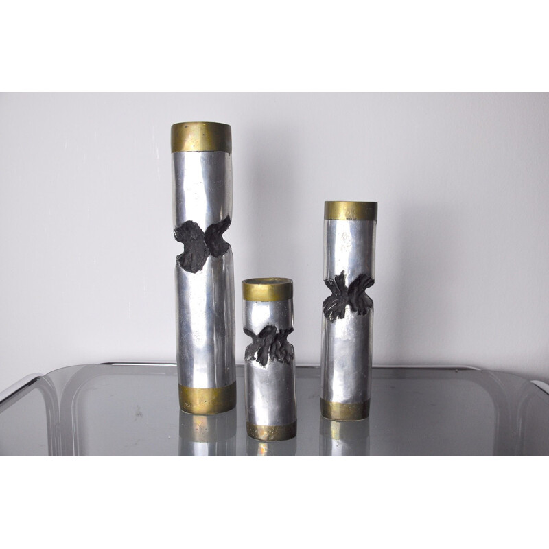 Set of 3 vintage brass and silver plated candle holders by David Marshall, Spain 1970