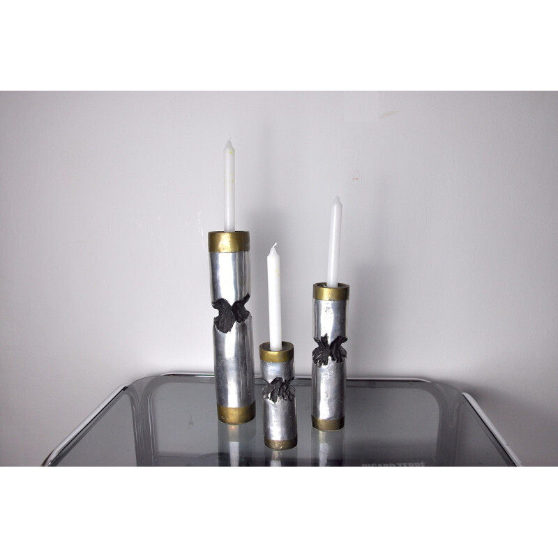 Set of 3 vintage brass and silver plated candle holders by David Marshall, Spain 1970