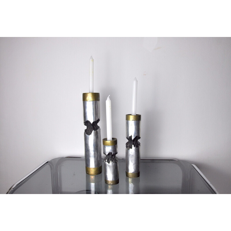 Set of 3 vintage brass and silver plated candle holders by David Marshall, Spain 1970