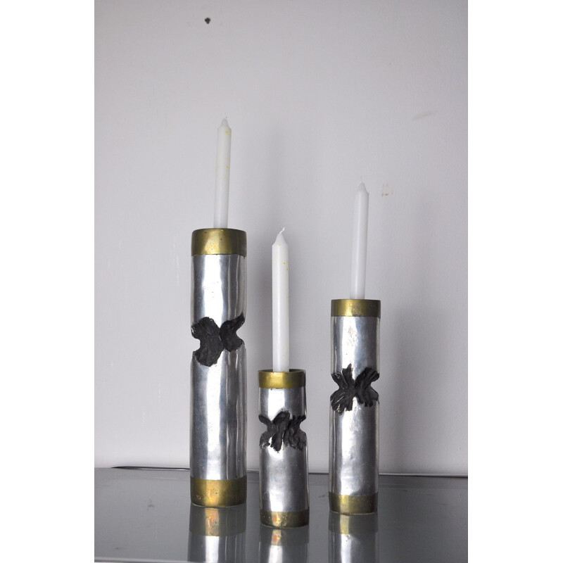Set aus 3 Vintage-Kerzenhaltern aus Messing und versilbertem Metall von David Marshall, Spanien 1970