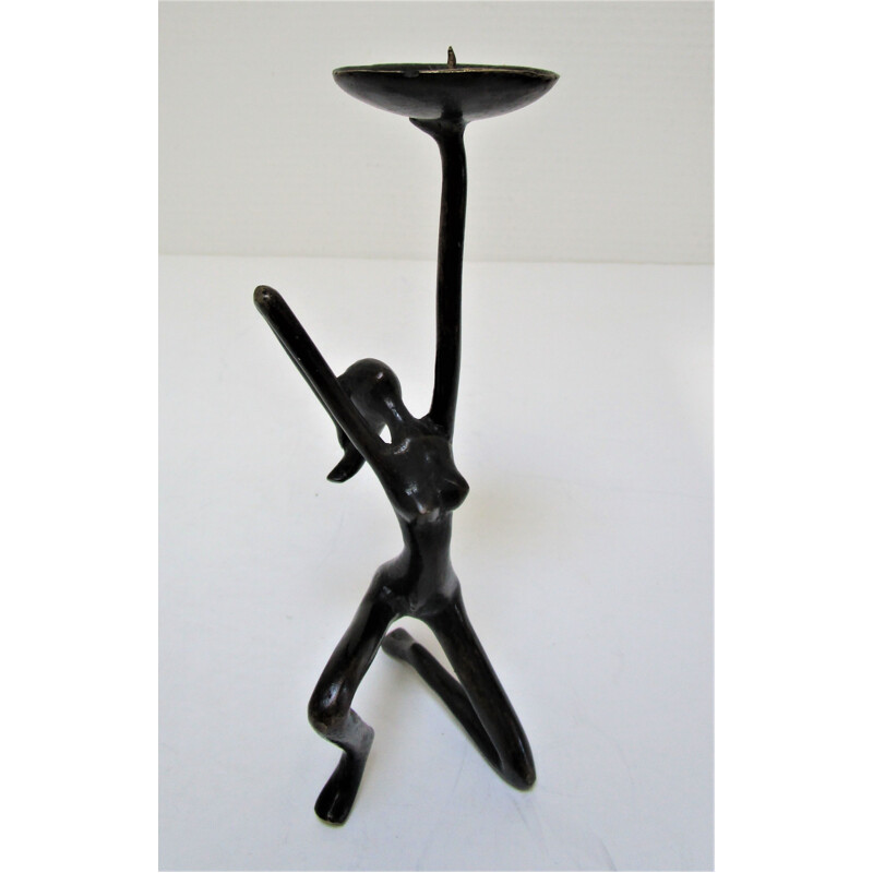 Mid century anthropomorphic candlestick with female figure in blackened bronze, 1970s