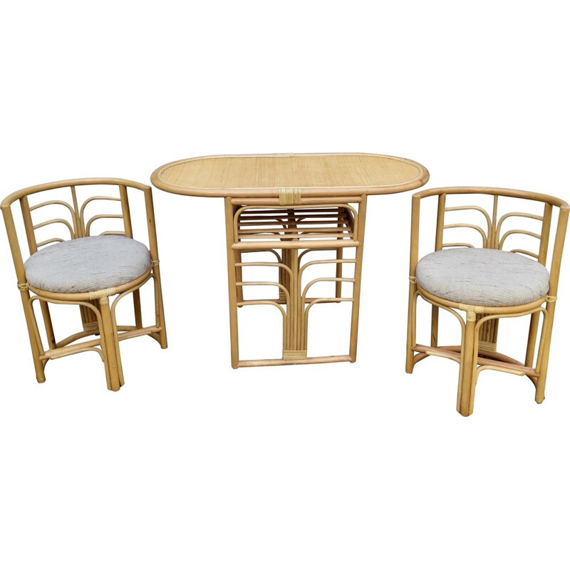 Set of vintage table and 2chairs rattan dining, 1980s