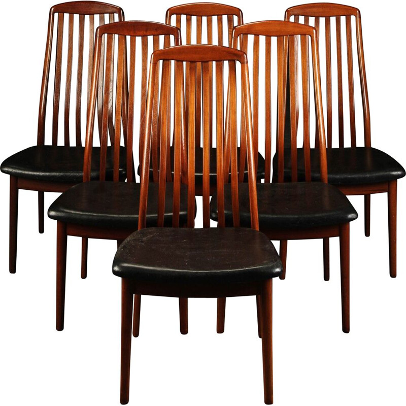 Set of 6 vintage danish chairs in solid teak and leather seats,1960s