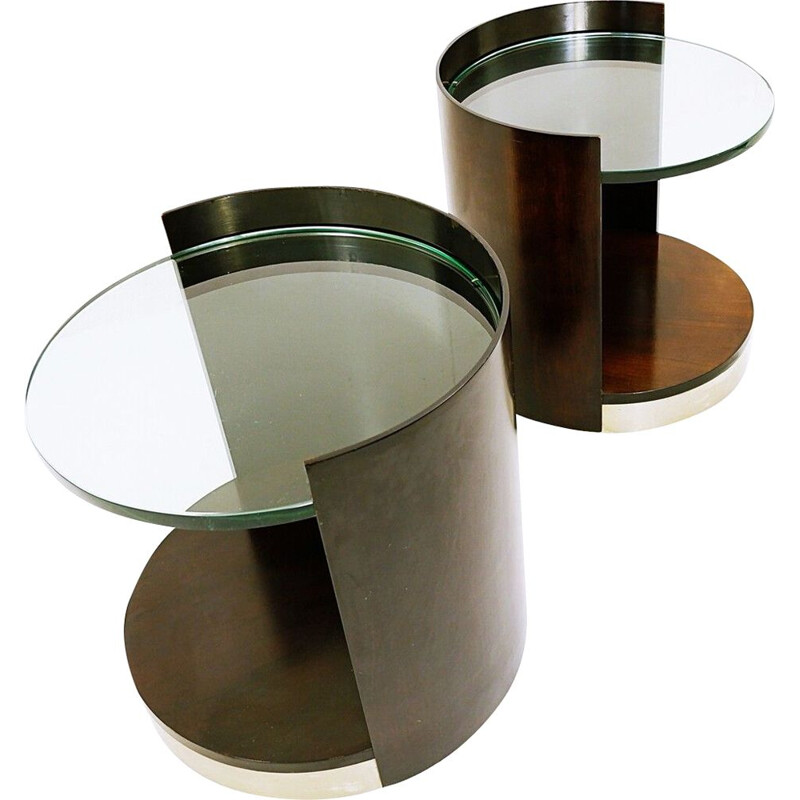 Pair of vintage end-tables in dark wood and glass, 1970s