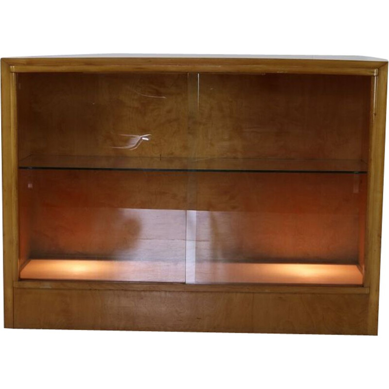 Mid century birchwood display vitrine cabinet with floorlight, 1950s