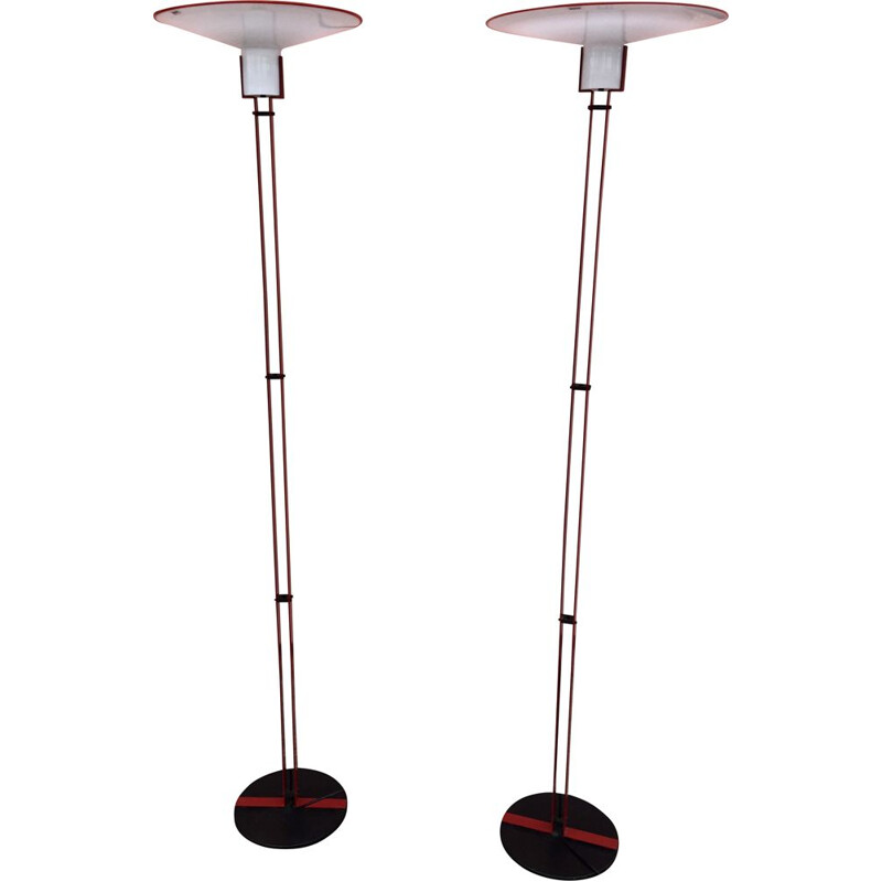Pair of vintage floor lamps with steel frame and murano glass dome for Veart, Italy 1970