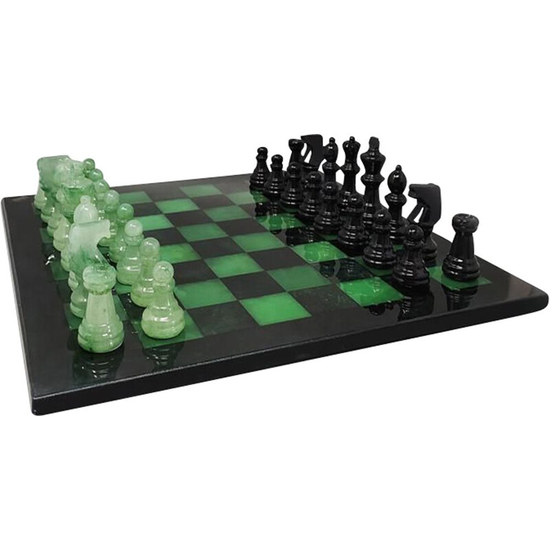 Vintage black and green chess set in Volterra Alabaster handmade, Italy 1970s