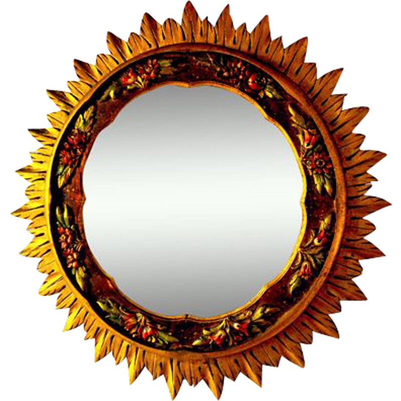 Vintage gilded wood sun mirror, France 1980