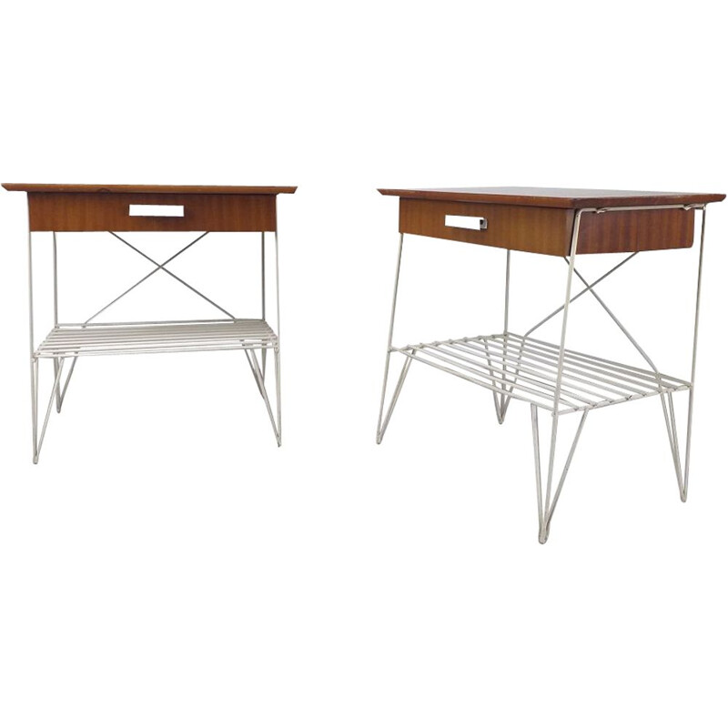 Pair of vintage swedish bedside tables with steel legs, 1950s