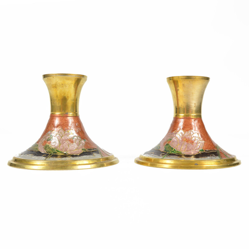 Pair of mid century enameled brass candlesticks, France 1970s