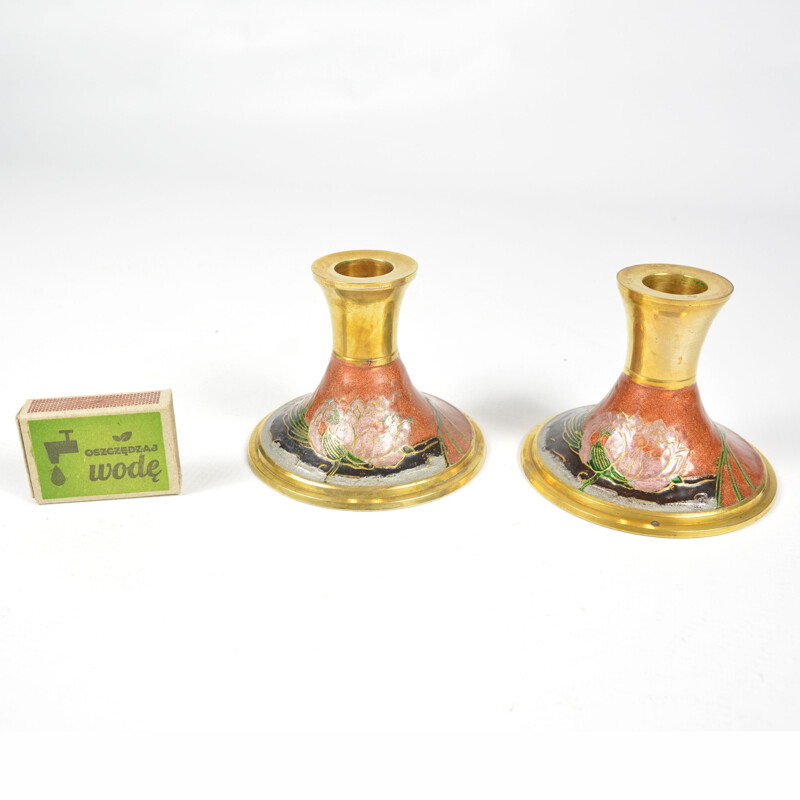 Pair of mid century enameled brass candlesticks, France 1970s