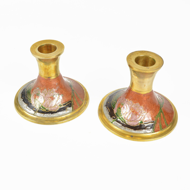 Pair of mid century enameled brass candlesticks, France 1970s