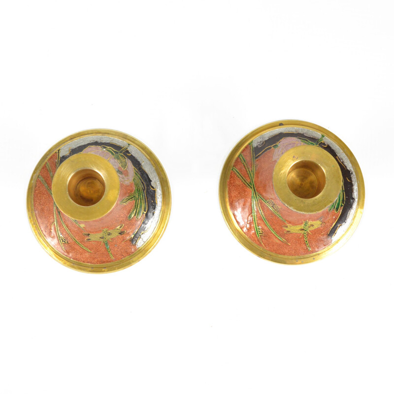 Pair of mid century enameled brass candlesticks, France 1970s