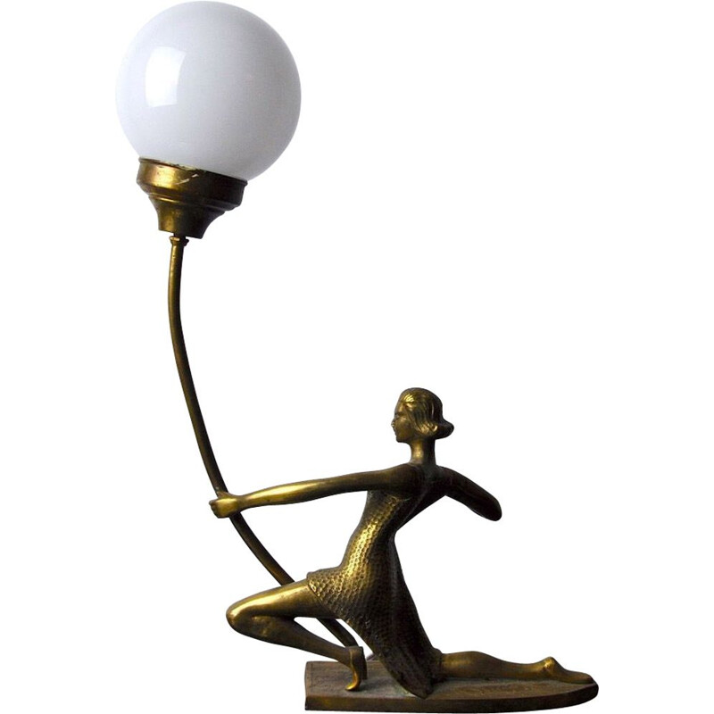 Vintage Art Deco Lampe aus Messing und Opalin, Frankreich 1950