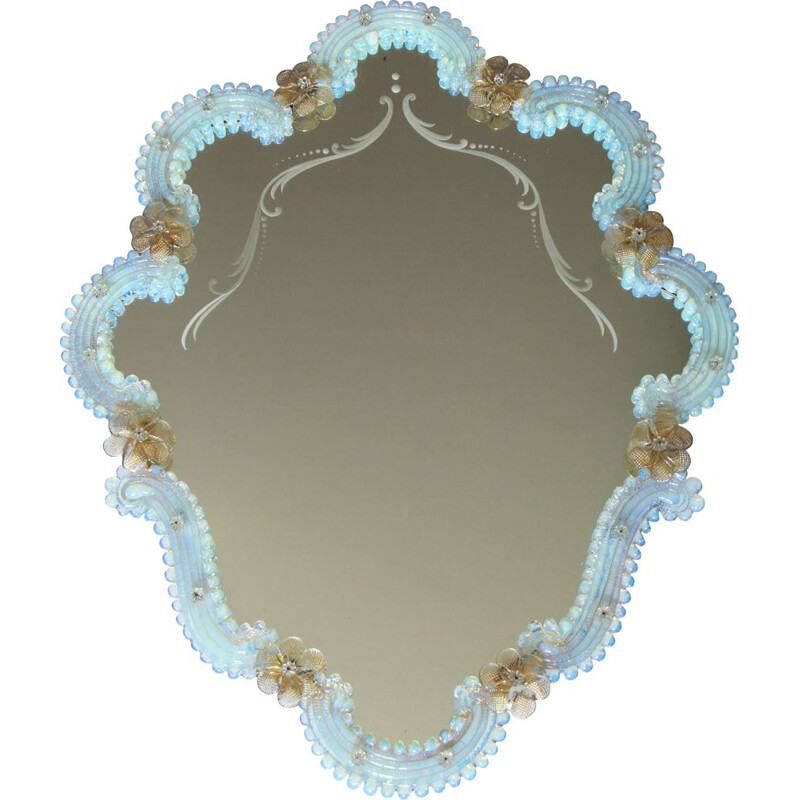Large vintage Murano opalescent mirror Campanula, Italy 1940s
