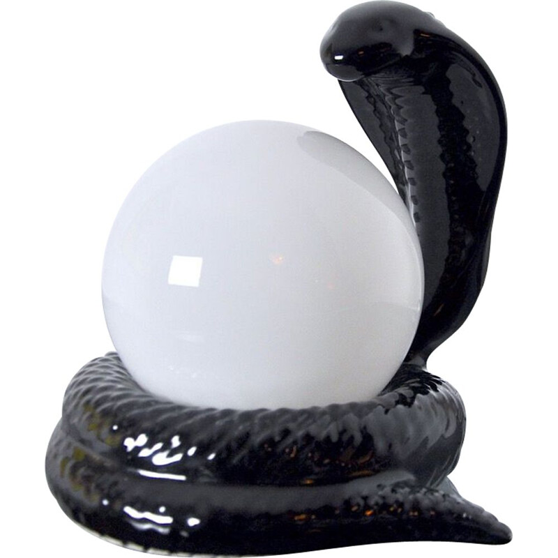 Mid century black ceramic snake lamp, France 1980s