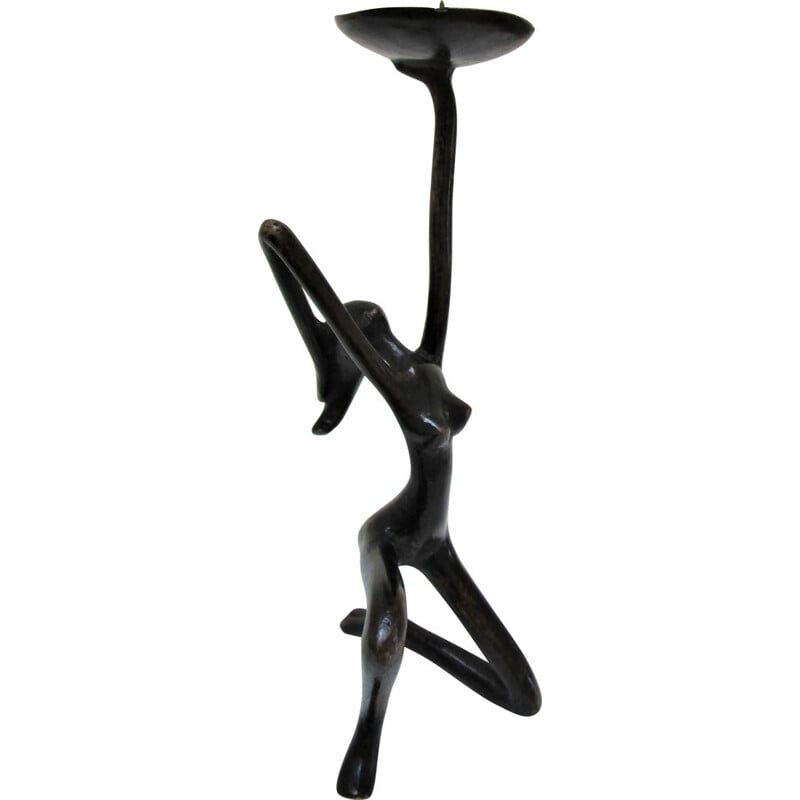 Mid century anthropomorphic candlestick with female figure in blackened bronze, 1970s