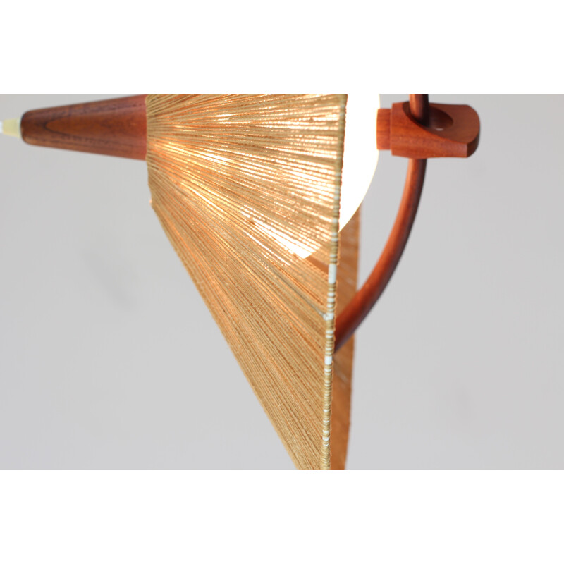 Scandinavian vintage hanging lamp in raffia and teak