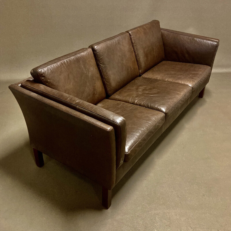 Canapé vintage cuir marron design scandinave, 1960
