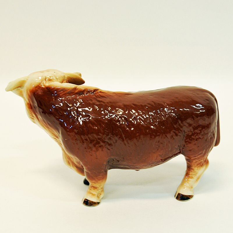 Vintage brown and white ceramic Hereford bull, England 1950s
