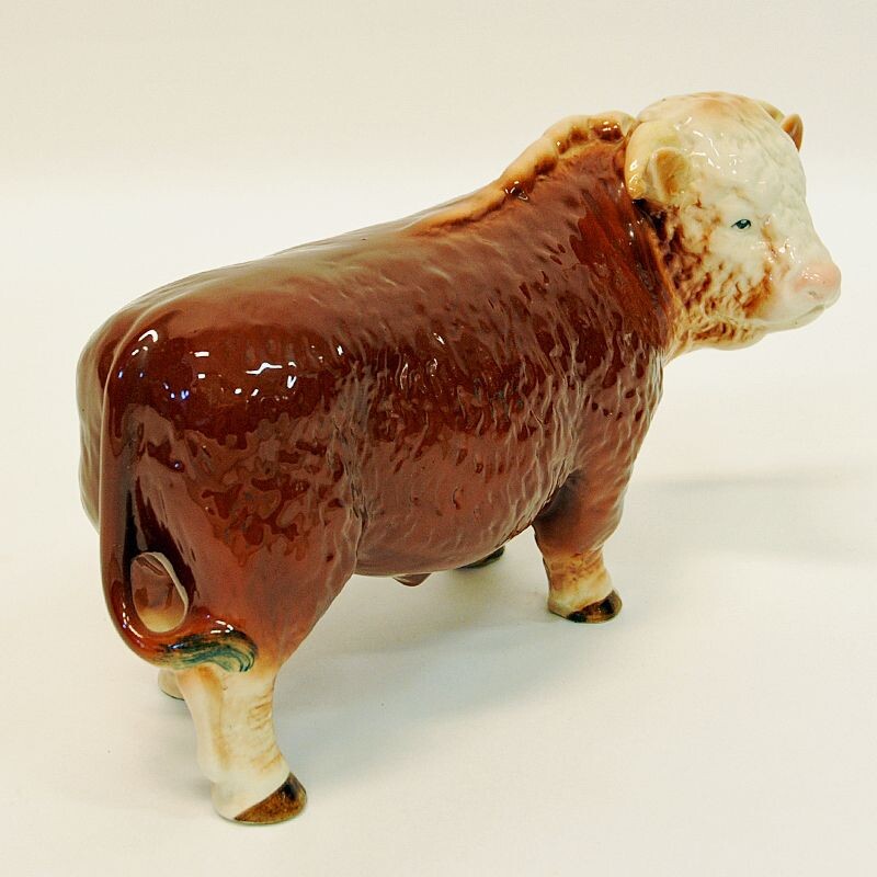 Vintage brown and white ceramic Hereford bull, England 1950s
