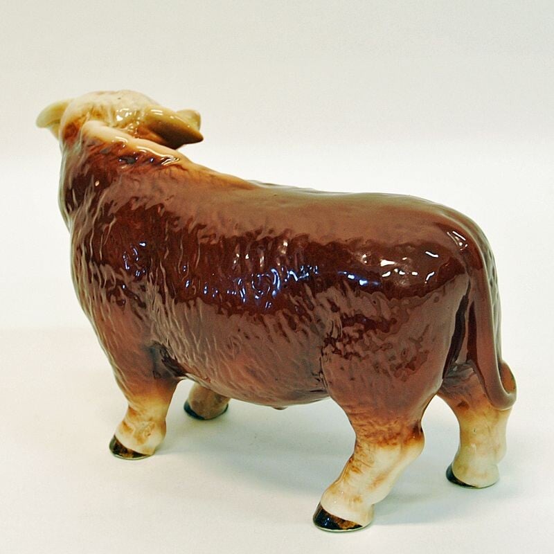 Vintage brown and white ceramic Hereford bull, England 1950s